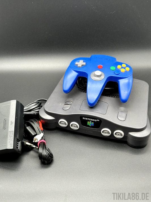 Nintendo 64 Konsole Schwarz Black + Controller Blau N64 PAL Spielkonsole